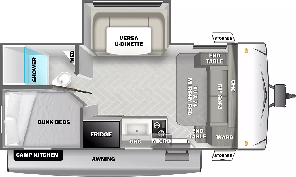 The Evo Southwest 178BHSK floorplan has one entry and one slide out. Exterior features include: metal exterior and 15' awning. Interiors features include: bunk beds, u-dinette and murphy bed.